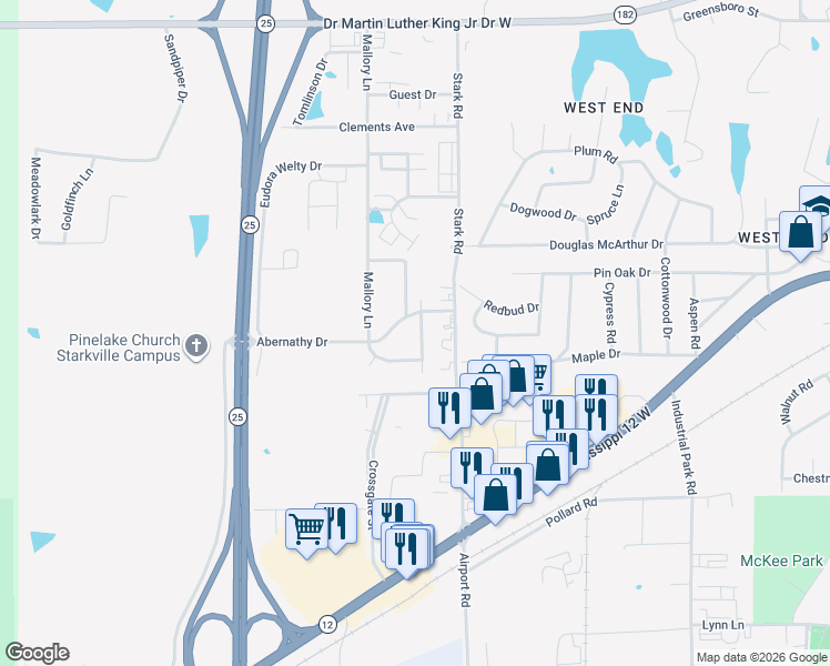 map of restaurants, bars, coffee shops, grocery stores, and more near Mallory Lane in Starkville