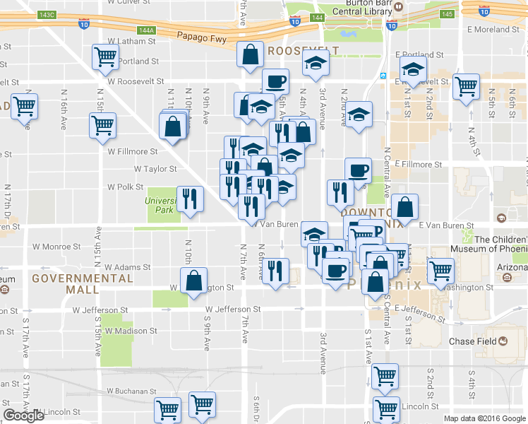 map of restaurants, bars, coffee shops, grocery stores, and more near 317 N 6th Ave in Phoenix