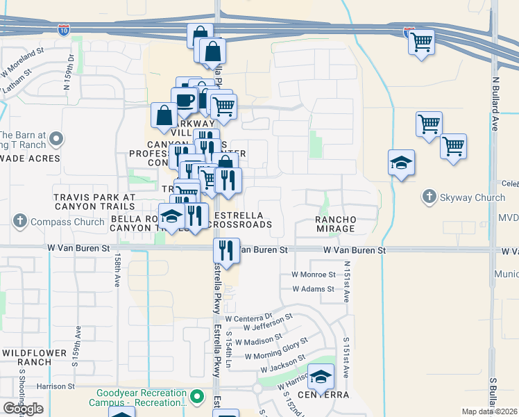 map of restaurants, bars, coffee shops, grocery stores, and more near 15385 Fillmore Street in Goodyear