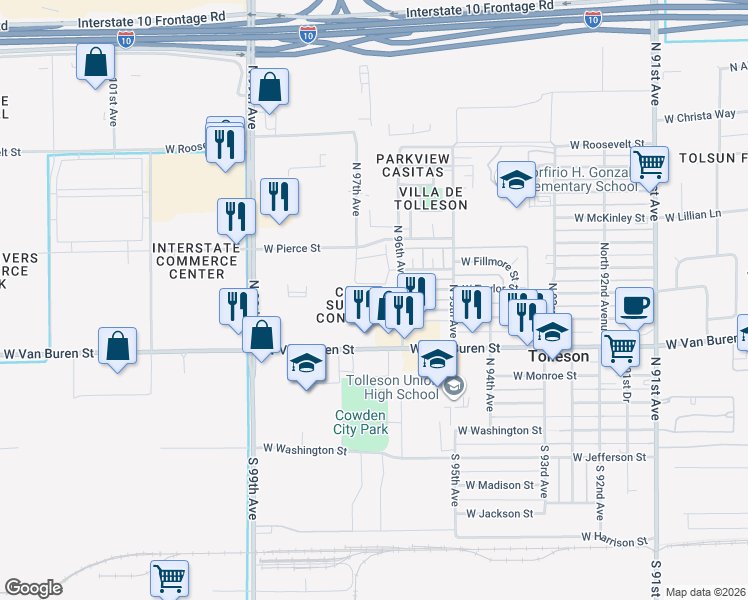 map of restaurants, bars, coffee shops, grocery stores, and more near 400 North 96th Avenue in Tolleson