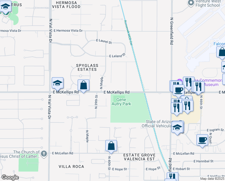 map of restaurants, bars, coffee shops, grocery stores, and more near 3877-4125 East McKellips Road in Mesa