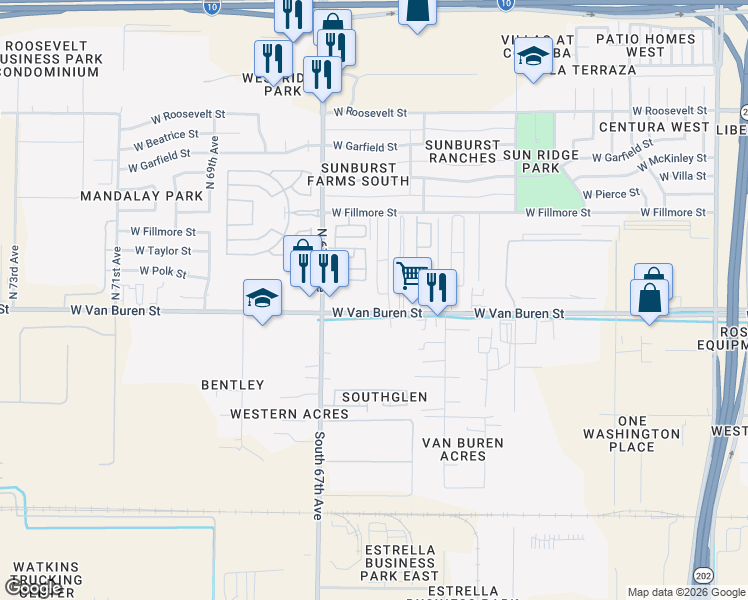 map of restaurants, bars, coffee shops, grocery stores, and more near 6600 West Van Buren Street in Phoenix