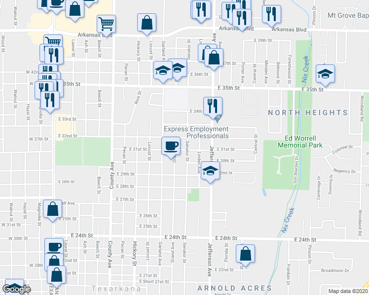 map of restaurants, bars, coffee shops, grocery stores, and more near 3101 Senator Street in Texarkana
