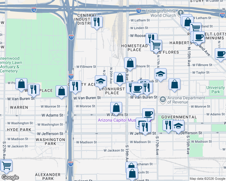 map of restaurants, bars, coffee shops, grocery stores, and more near 2002 West Van Buren Street in Phoenix