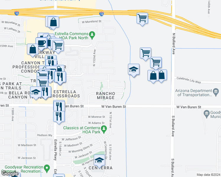 map of restaurants, bars, coffee shops, grocery stores, and more near 15093 West Taylor Street in Goodyear