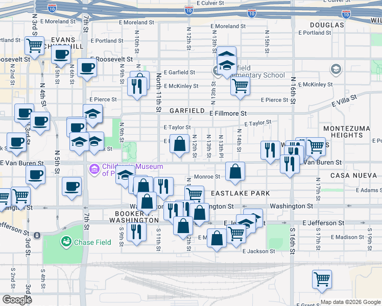 map of restaurants, bars, coffee shops, grocery stores, and more near in Phoenix