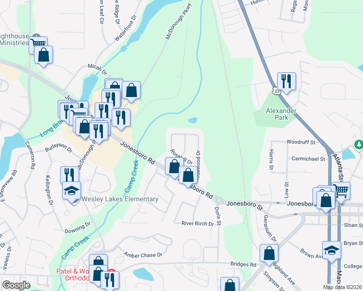 map of restaurants, bars, coffee shops, grocery stores, and more near 40 Rosebud Lane in McDonough
