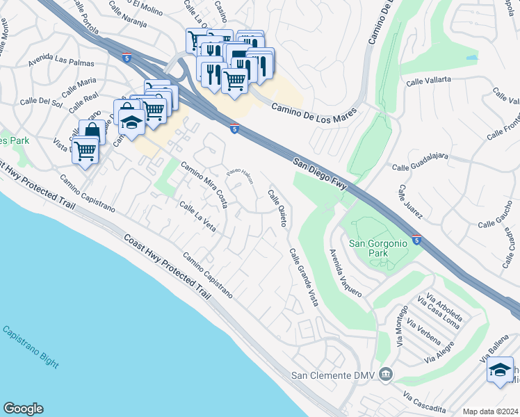 map of restaurants, bars, coffee shops, grocery stores, and more near 3417 Paseo Halcon in San Clemente