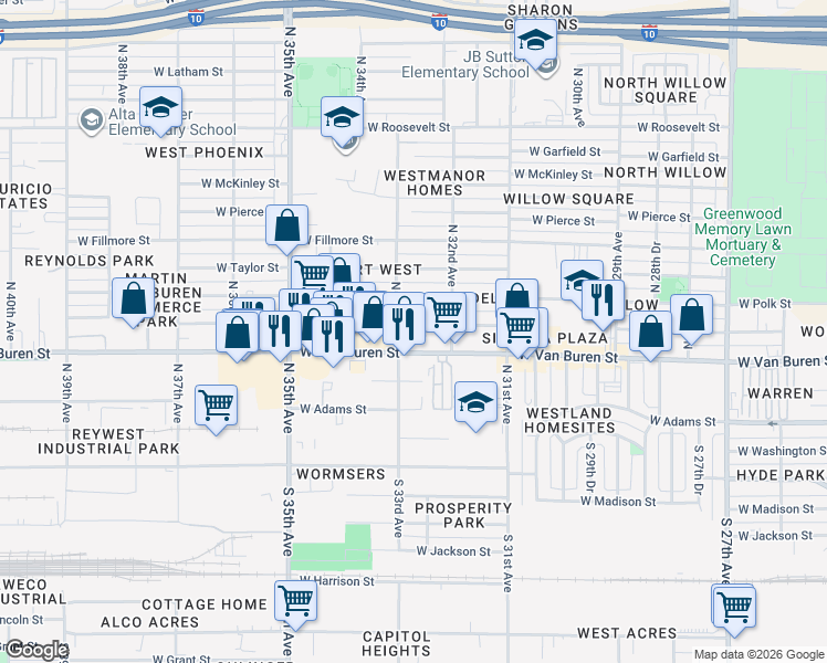 map of restaurants, bars, coffee shops, grocery stores, and more near 3233 West Melvin Street in Phoenix