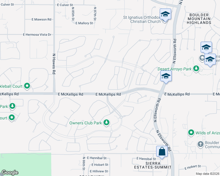 map of restaurants, bars, coffee shops, grocery stores, and more near 2029 North 88th Street in Mesa