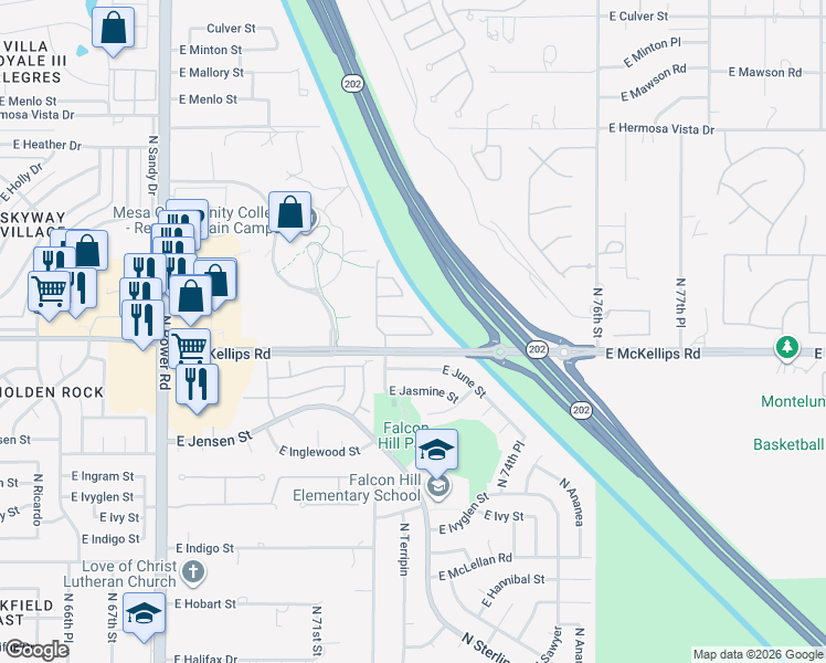 map of restaurants, bars, coffee shops, grocery stores, and more near 7223 East Knoll Street in Mesa