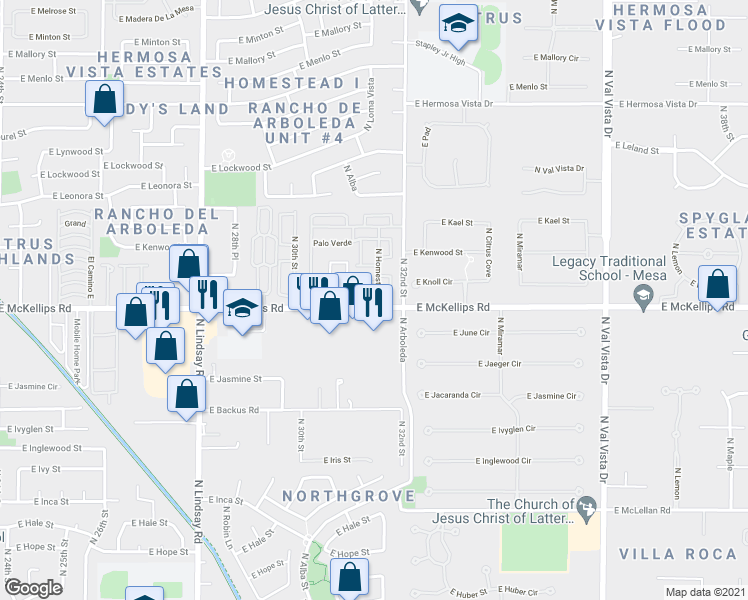 map of restaurants, bars, coffee shops, grocery stores, and more near 3129 East McKellips Road in Mesa