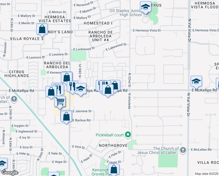 map of restaurants, bars, coffee shops, grocery stores, and more near 3049 East McKellips Road in Mesa
