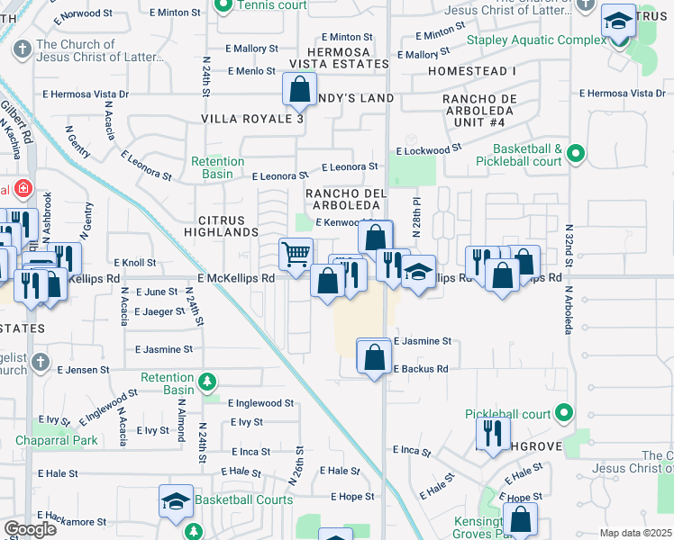 map of restaurants, bars, coffee shops, grocery stores, and more near 2727 East McKellips Road in Mesa