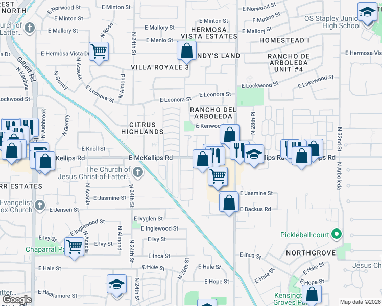 map of restaurants, bars, coffee shops, grocery stores, and more near 2641 East McKellips Road in Mesa