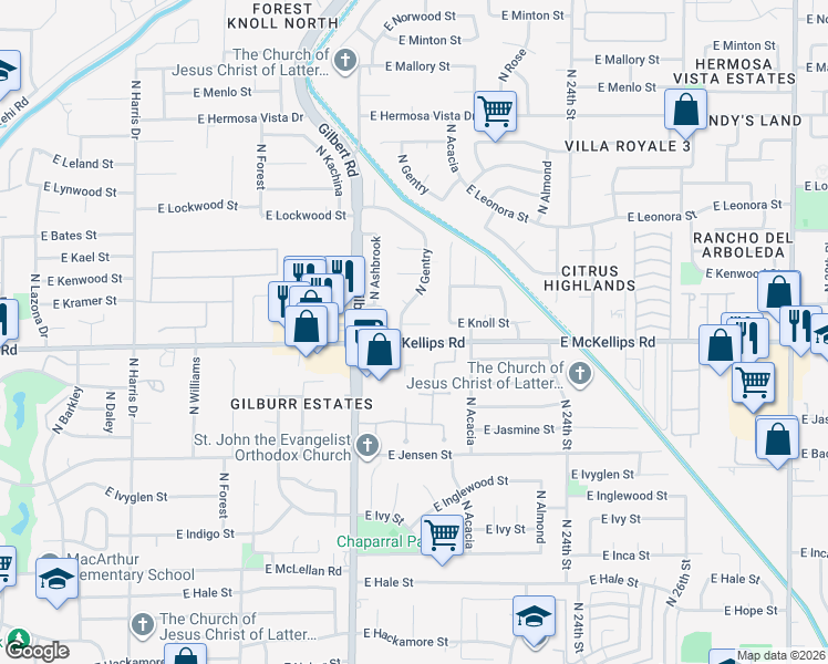 map of restaurants, bars, coffee shops, grocery stores, and more near 2105 East Knoll Circle in Mesa