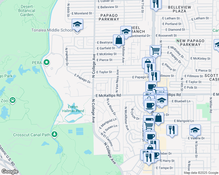 map of restaurants, bars, coffee shops, grocery stores, and more near 2007 North Squire Avenue in Tempe