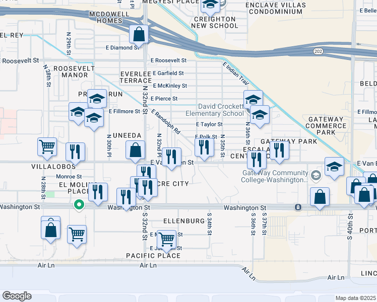 map of restaurants, bars, coffee shops, grocery stores, and more near 3330 East Van Buren Street in Phoenix
