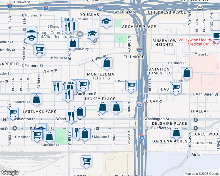 map of restaurants, bars, coffee shops, grocery stores, and more near 1828-1880 East Van Buren Street in Phoenix