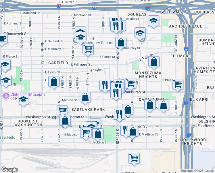 map of restaurants, bars, coffee shops, grocery stores, and more near 1510 East Van Buren Street in Phoenix