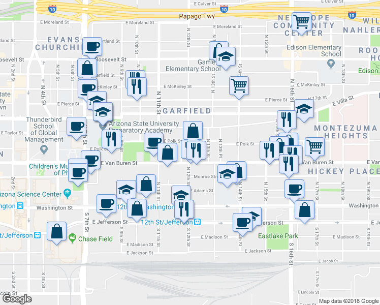 map of restaurants, bars, coffee shops, grocery stores, and more near in Phoenix