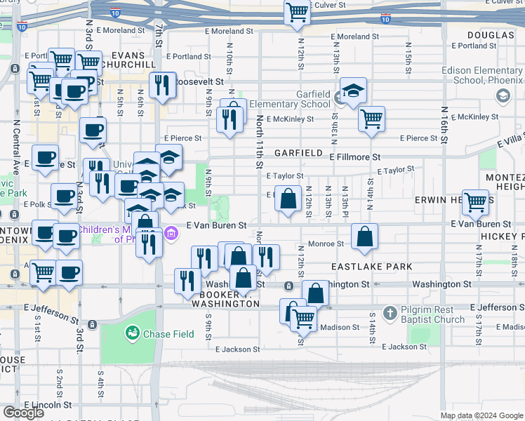 map of restaurants, bars, coffee shops, grocery stores, and more near in Phoenix