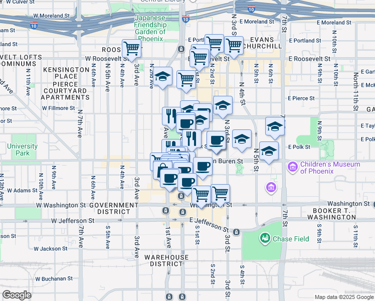 map of restaurants, bars, coffee shops, grocery stores, and more near in Phoenix