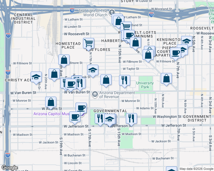 map of restaurants, bars, coffee shops, grocery stores, and more near 1550 West Van Buren Street in Phoenix