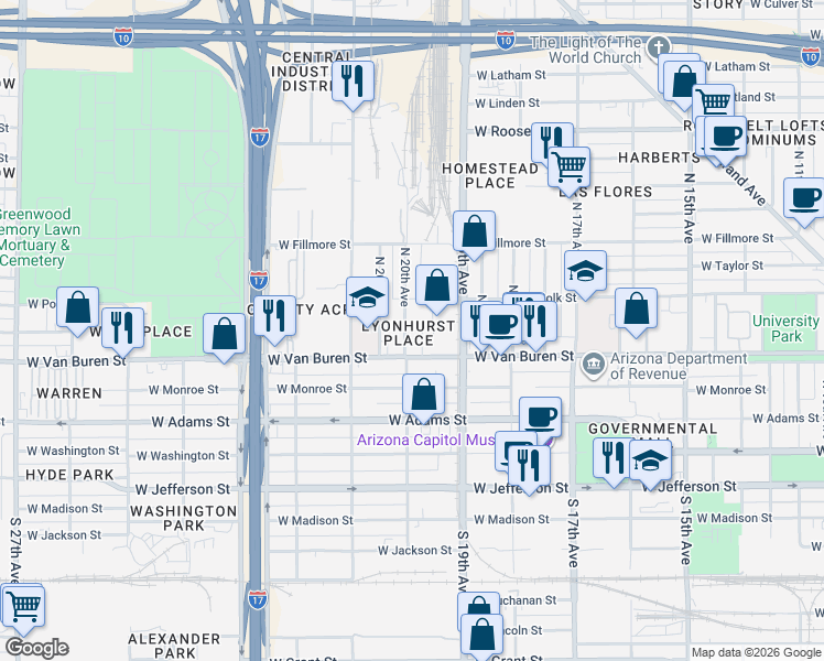 map of restaurants, bars, coffee shops, grocery stores, and more near 2002 West Van Buren Street in Phoenix