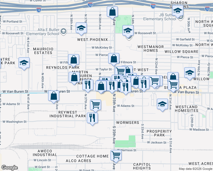 map of restaurants, bars, coffee shops, grocery stores, and more near 3555 West Van Buren Street in Phoenix
