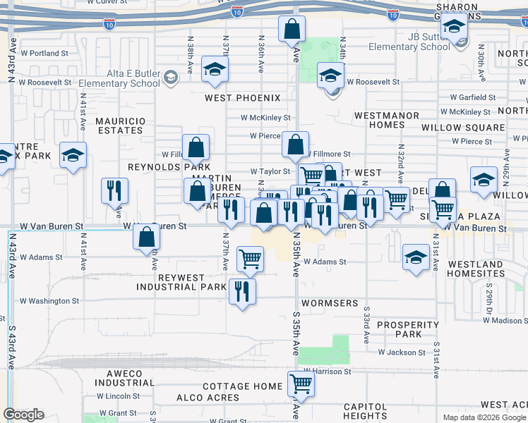 map of restaurants, bars, coffee shops, grocery stores, and more near 3608 West Van Buren Street in Phoenix