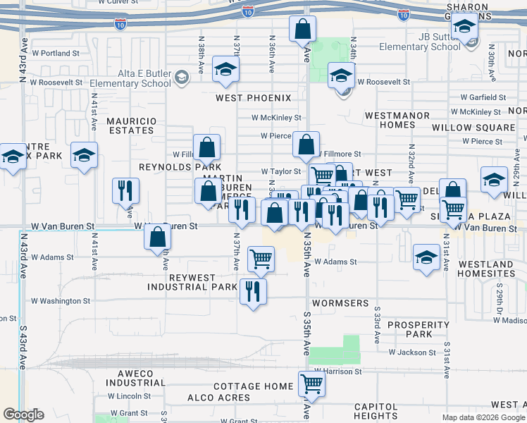 map of restaurants, bars, coffee shops, grocery stores, and more near 3608 West Van Buren Street in Phoenix