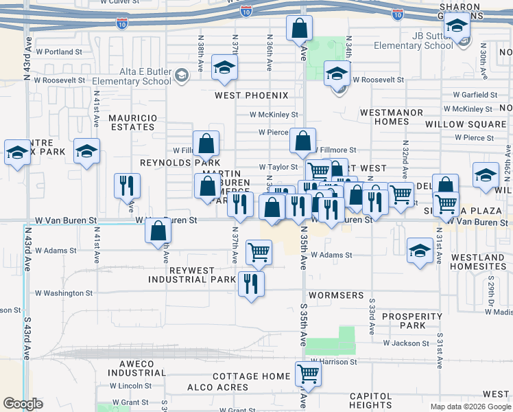 map of restaurants, bars, coffee shops, grocery stores, and more near 3608 West Van Buren Street in Phoenix
