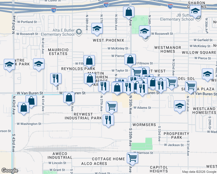 map of restaurants, bars, coffee shops, grocery stores, and more near 3634 West Van Buren Street in Phoenix