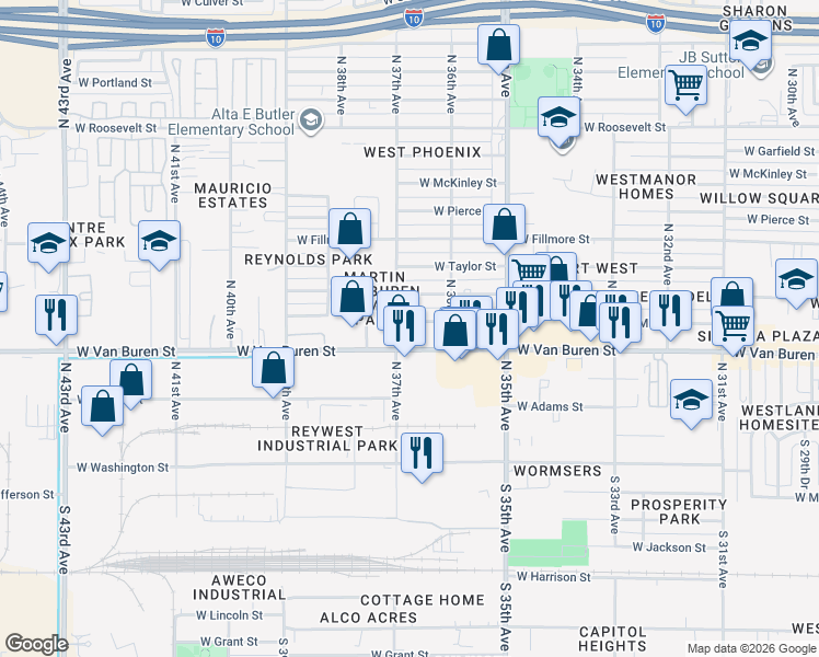 map of restaurants, bars, coffee shops, grocery stores, and more near 3634 West Van Buren Street in Phoenix