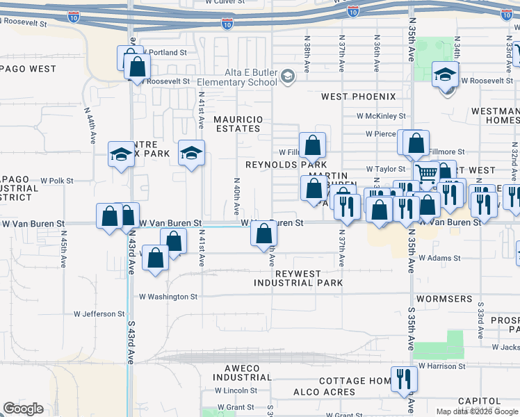 map of restaurants, bars, coffee shops, grocery stores, and more near 3914 West Van Buren Street in Phoenix