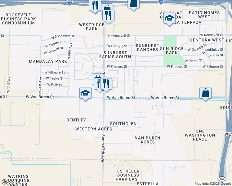 map of restaurants, bars, coffee shops, grocery stores, and more near 6600 West Van Buren Street in Phoenix