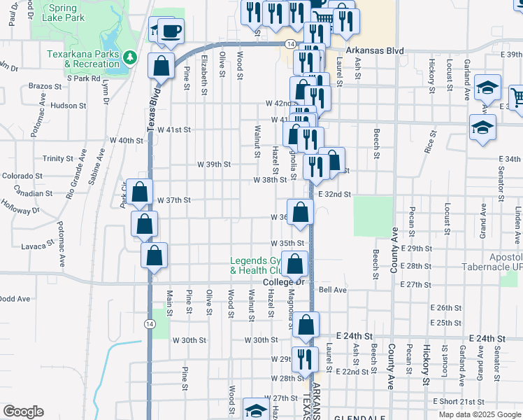 map of restaurants, bars, coffee shops, grocery stores, and more near 3510 Hazel Street in Texarkana