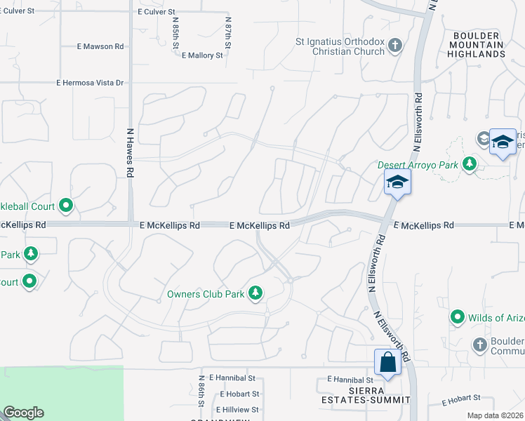 map of restaurants, bars, coffee shops, grocery stores, and more near 2029 North 88th Street in Mesa