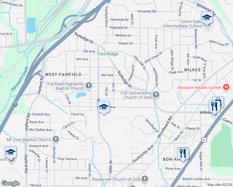 map of restaurants, bars, coffee shops, grocery stores, and more near 502 11th Avenue in Midfield