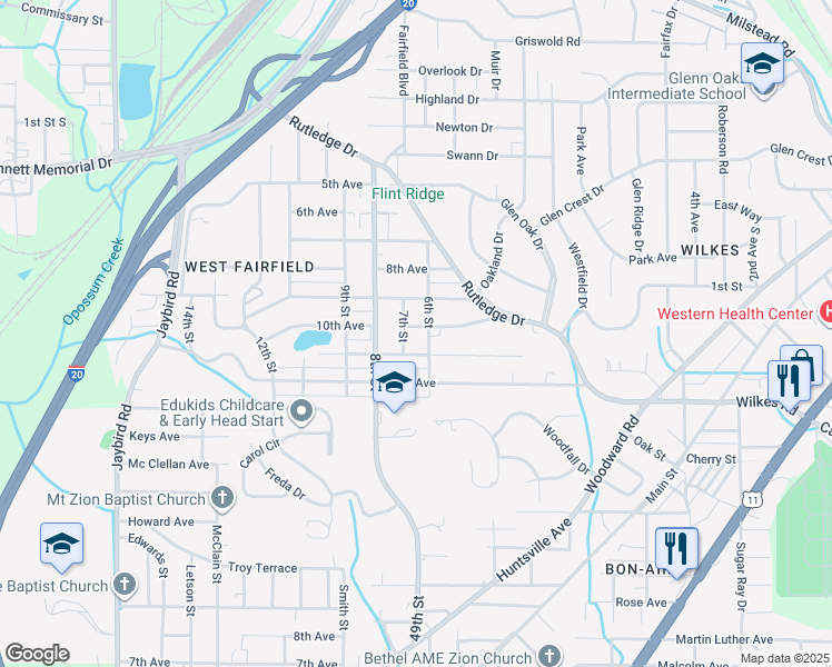 map of restaurants, bars, coffee shops, grocery stores, and more near 605 10th Avenue in Birmingham