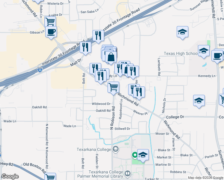 map of restaurants, bars, coffee shops, grocery stores, and more near 1915 Richmond Road in Texarkana