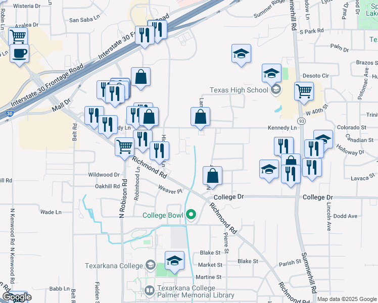 map of restaurants, bars, coffee shops, grocery stores, and more near 2605 Kennedy Lane in Texarkana