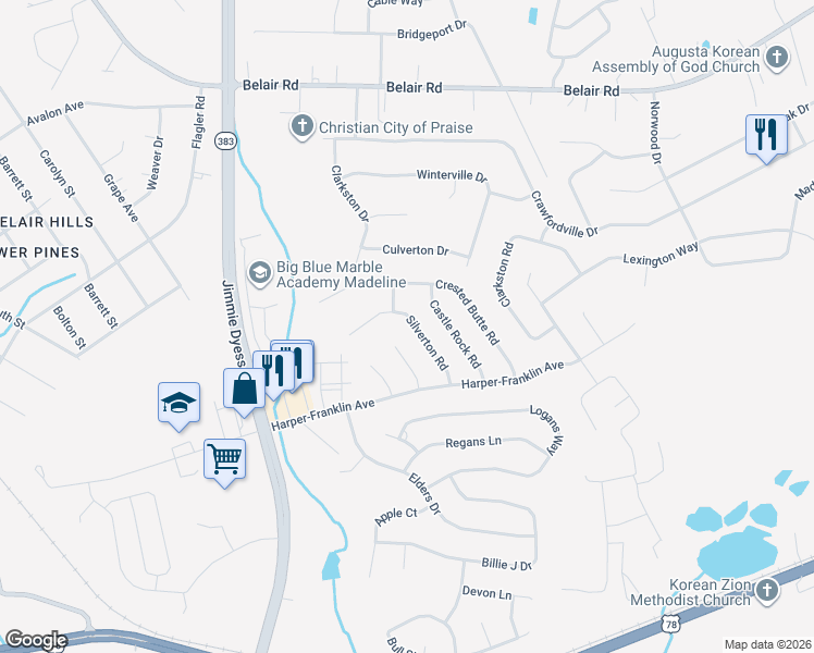 map of restaurants, bars, coffee shops, grocery stores, and more near 4413 Silverton Road in Augusta