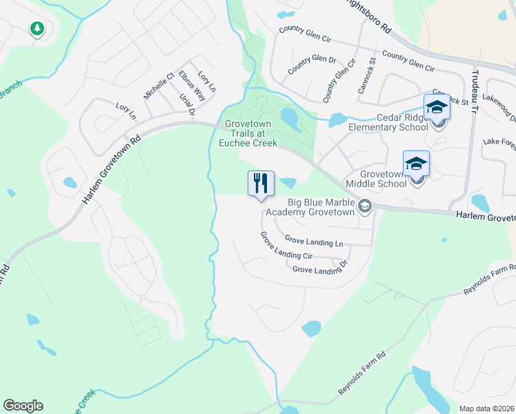 map of restaurants, bars, coffee shops, grocery stores, and more near 3398 Grove Landing Circle in Grovetown