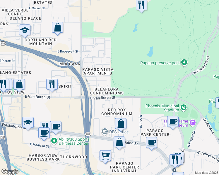 map of restaurants, bars, coffee shops, grocery stores, and more near 5302 East Van Buren Street in Phoenix
