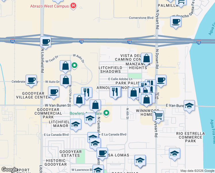 map of restaurants, bars, coffee shops, grocery stores, and more near 613 East Calle Chulo Road in Goodyear