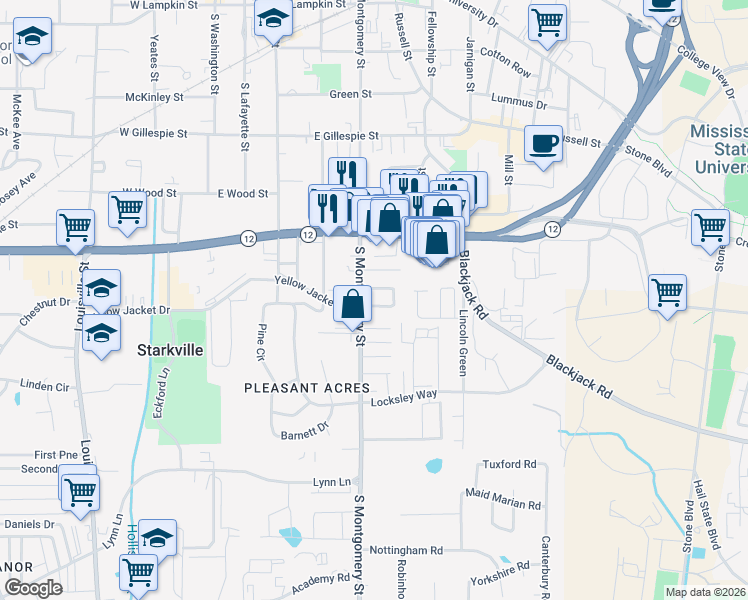 map of restaurants, bars, coffee shops, grocery stores, and more near 623-641 S Montgomery St in Starkville