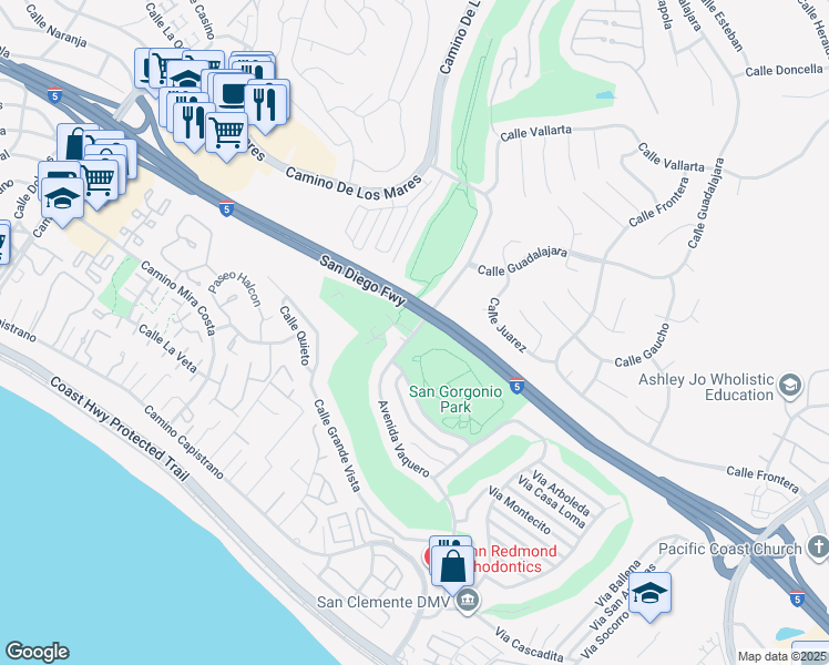 map of restaurants, bars, coffee shops, grocery stores, and more near 463 Avenida Vaquero in San Clemente