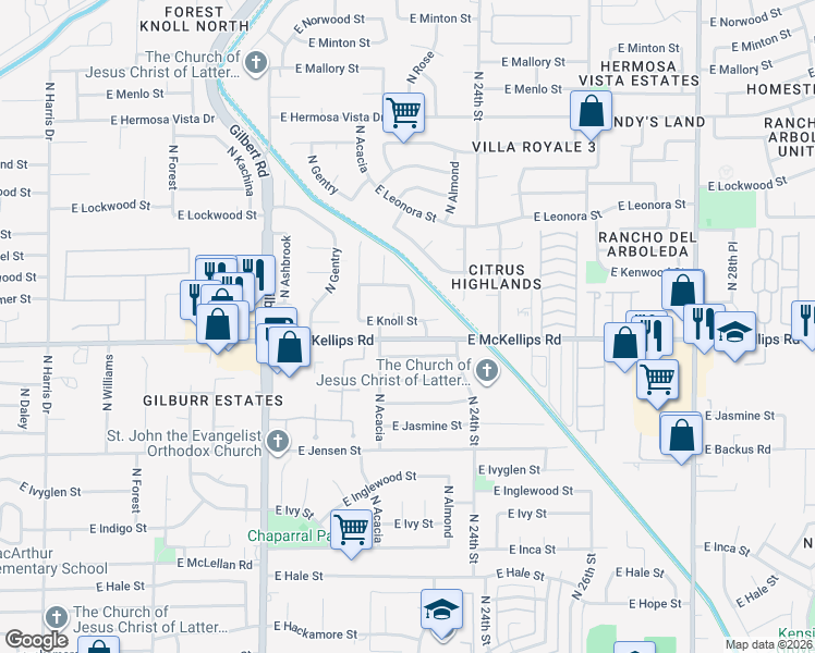 map of restaurants, bars, coffee shops, grocery stores, and more near 2310 East June Street in Mesa